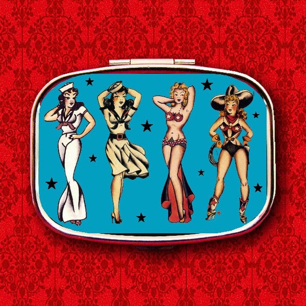 Sailor Burlesque Cowgirl Pin Up Girl Navy Tattoo Vintage Ring Trinket Stash Medicine Vitamins Gum Tic Tacs Mint Metal Pill Box Case Holder