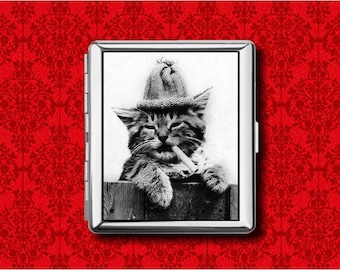 Smoking Cat Kitty Tomcat Funny Vintage Metal Wallet Stash Business Credit Card Cigarette ID IPod Holder Box Case