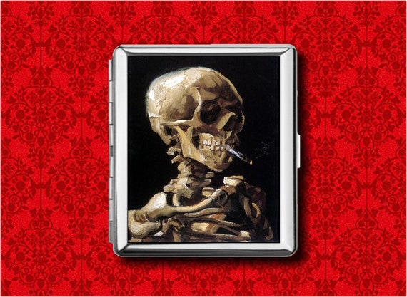 Smoking Skeleton Skull Van Gogh Art Painting Metal Wallet Stash Business  Credit Card Cigarette ID Ipod Holder Box Case