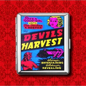 Cartaz de filme vintage de maconha Devil's Harvest, anúncio, carteira de metal, cartão de crédito comercial, porta-cigarro, ID, iPod, caixa, estojo