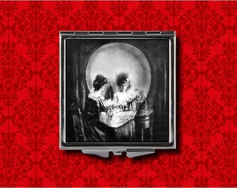 All Is Vanity Victorian Lady Skull Optische Täuschung Metall Make Up Hand Taschenspiegel