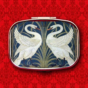 Swans Walter Crane Mucha Art Nouveau Birds Deco Vintage Ring Trinket Stash Medicine Vitamins Gum Tic Tacs Mint Metal Pill Box Case Holder