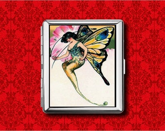 Cartera de metal Art Nouveau con diseño de mariposas, hadas y flores, tamaño king, de 100 unidades, para guardar tarjetas de crédito, cigarrillos y documentos de identidad.