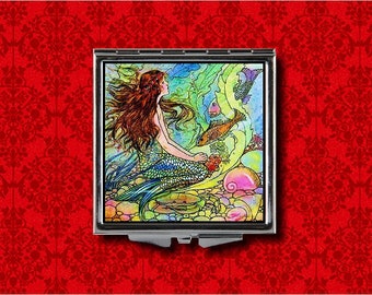 Mermaid Art Nouveau Fish Under the Sea Vintage Style Metal Makeup Hand Pocket Compact Mirror