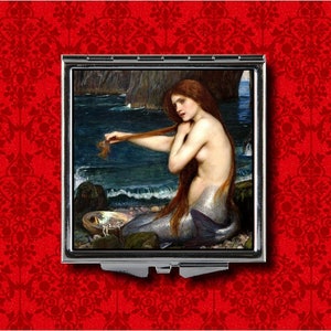 Mermaid Renaissance Pearls Ocean Pin Up Shells John William Waterhouse Vintage Style Metal Makeup Hand Pocket Compact Mirror