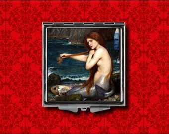 Mermaid Renaissance Pearls Ocean Pin Up Shells John William Waterhouse Vintage Style Metal Makeup Hand Pocket Compact Mirror