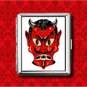 Monedero de metal con máscara de Halloween de Red Devil, estilo vintage, para guardar tarjetas de crédito, cigarrillos, identificación, iPod