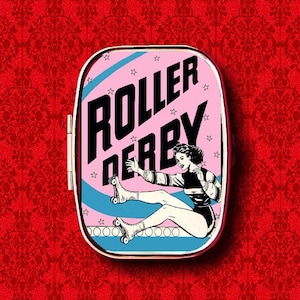 Roller Derby Vintage Skate Advertisement Poster Ring Trinket Stash Medicine Vitamins Gum Tic Tacs Mint Metal Pill Box Case Holder