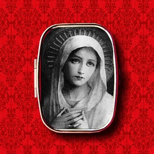 Virgin Mary Saint Mother Immaculate Heart Rosary Ring Trinket Stash Medicine Vitamins Gum Tic Tacs Mint Metal Pill Box Case Holder