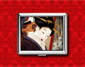 Japanese Geisha Art Japan Vintage Metal Wallet Stash Business Credit Card Cigarette ID IPod Holder Box Case