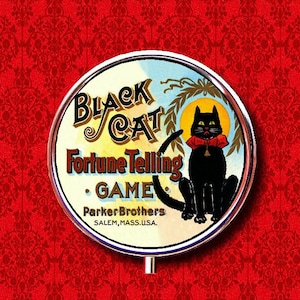 Gioco di predizione del gatto nero, carte dei tarocchi psichici, anello, nascondiglio per gingilli, medicine, vitamine, gomme da masticare, tic-tac, menta rotonda, portapillole in metallo