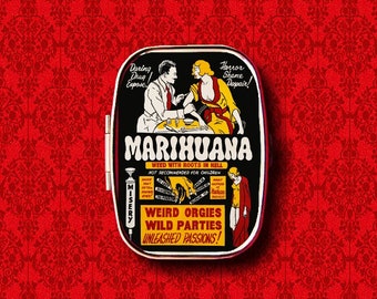 Marihuana Marijuana Vintage Movie Poster Advertisement Ring Trinket Stash Medicine Vitamins Gum Tic Tacs Mint Metal Pill Box Case Holder