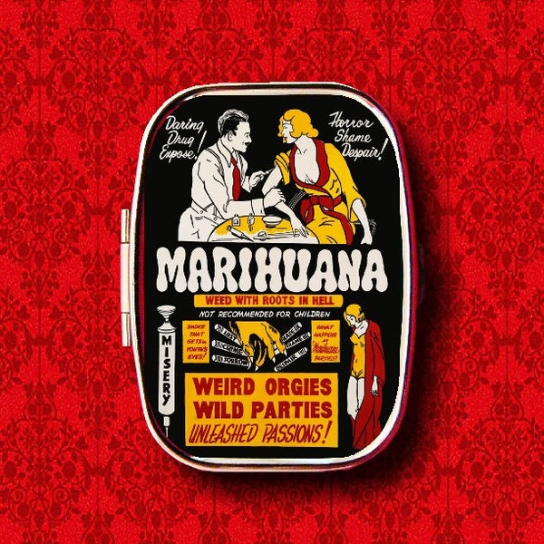 Marihuana Marihuana Vintage Movie Poster Advertentie Ring Trinket Stash Geneeskunde Vitaminen Gum Tic Tacs Mint Metal Pill Box Case Holder