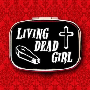 Living Dead Girl Coffin Cross Horror Goth Vampire Ring Trinket Stash Medicine Vitamins Gum Tic Tacs Mint Metal Pill Box Case Holder