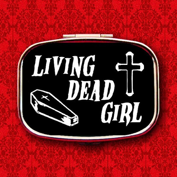 Living Dead Girl Coffin Cross Horror Goth Vampire Ring Trinket Stash Medicine Vitamins Gum Tic Tacs Mint Metal Pill Box Case Holder