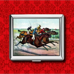 Horse Racing Kentucky Derby Belmont Stakes Jockey Vintage Metal Wallet Stash Business Credit Card Cigarette ID IPod Holder Box Case