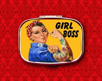 Girl Boss Tattooed Rosie the Riveter Vintage Ring Trinket Stash Medicine Vitamins Gum Tic Tacs Mint Metal Pill Box Case Holder