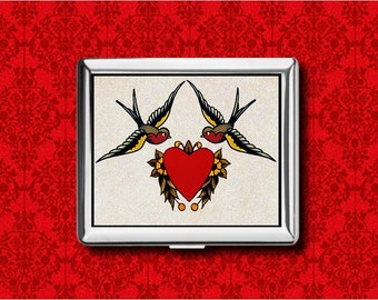 Zwaluw Hart Krans Old School Tattoo Vintage Stijl Vogel Metalen Portemonnee Stash Zakelijke Creditcard Sigaret ID IPod Houder Box Case