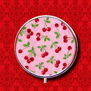 Cherry Polka Dot Print Pink Cherries Ring Trinket Stash Medicine Vitamins Gum Tic Tacs Round Mint Metal Pill Box Case Holder
