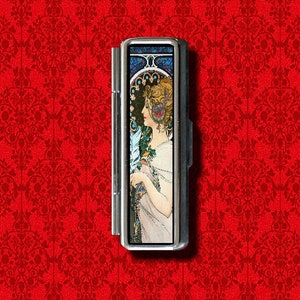 Feather Alphonse Mucha Art Nouveau Lady Woman Girl Trinket Stash Metal Lip Balm Lip Gloss Gum Cotton Swab Makeup Lipstick Case Holder