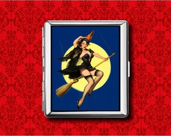 Pin Up Witch Moon Vintage Halloween Metal Wallet Stash Business Credit Card Cigarette ID IPod Holder Box Case