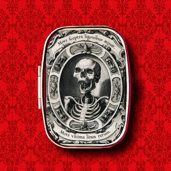 Memento Mori Death Skeleton Skull Goth Ring Trinket Stash Medicine Vitamins Gum Tic Tacs Mint Metal Pill Box Case Holder