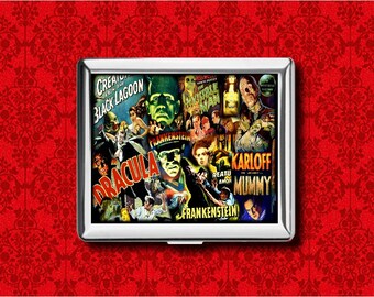 Dracula Frankenstein Mummie Klassieke Monster Horrorfilm Vintage Metalen Portemonnee Stash Zakelijke Creditcard Sigaretten-ID IPod Houder Box Case