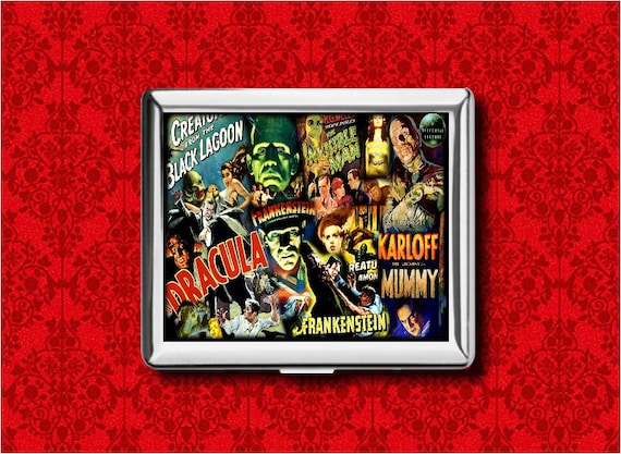 monster cigarette case Dracula Frankenstein Mummy Classic Monster Horror Movie Vintage Metal  Wallet Stash Business Credit Card Cigarette ID Ipod Holder Box Case