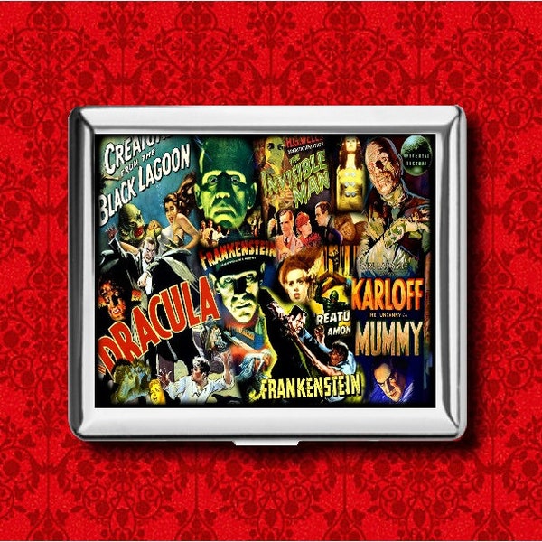 Dracula Frankenstein Mummy Classic Monster Horror Movie Vintage Metal Wallet Stash Business Credit Card Cigarette ID IPod Holder Box Case