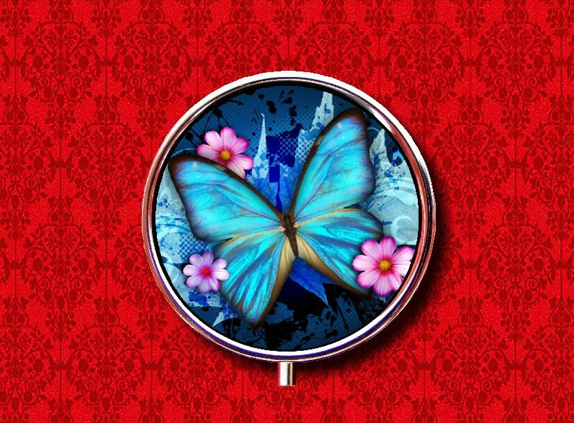Blue Butterfly Pink Flowers Butterflies Ring Trinket Stash Medicine Vitamins Gum Tic Tacs Round Mint Metal Pill Box Case Holder