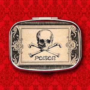 Poison Skull Crossbones Vintage Label Ring Trinket Stash Medicine Vitamins Gum Tic Tacs Mint Metal Pill Box Case Holder