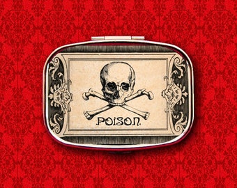 Poison Skull Crossbones Vintage Label Ring Trinket Stash Medicine Vitamins Gum Tic Tacs Mint Metal Pill Box Case Holder