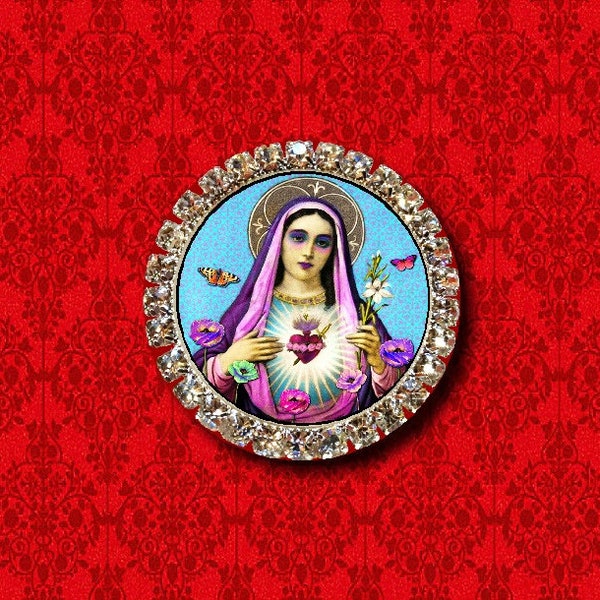 Immaculate Heart of Mary Virgin Crown Halo Saint Butterflies Flowers Medal Religious Catholic Christian Collar Tie Tack Lapel Pin Brooch