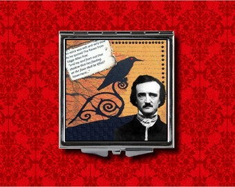 Edgar Allan Poe Raven Lenore Horror Author Metal Makeup Hand Pocket Compact Mirror