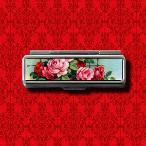 Rose Flowers Floral Vintage Style Trinket Stash Metal Lip Balm Lip Gloss Gum Cotton Swab Makeup Lipstick Case Holder