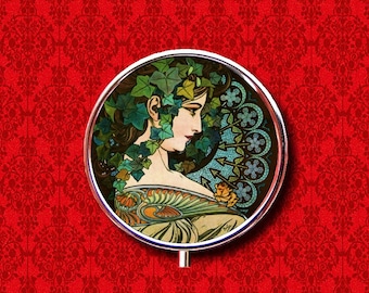 Art Nouveau Goddess Ivy Lady Alfonse Mucha Ring Trinket Stash Medicine Vitamins Gum Tic Tacs Round Mint Metal Pill Box Case Holder