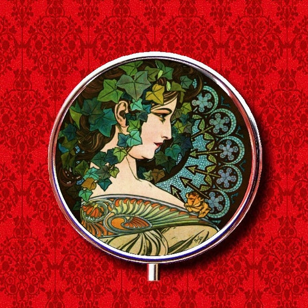 Art Nouveau Goddess Ivy Lady Alfonse Mucha Ring Trinket Stash Medicine Vitamins Gum Tic Tacs Round Mint Metal Pill Box Case Holder