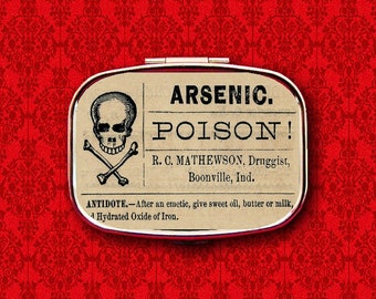 Arsenic Poison Skull Crossbones Vintage Label Ring Trinket Stash Medicine Vitamins Gum Tic Tacs Mint Metal Pill Box Case Holder