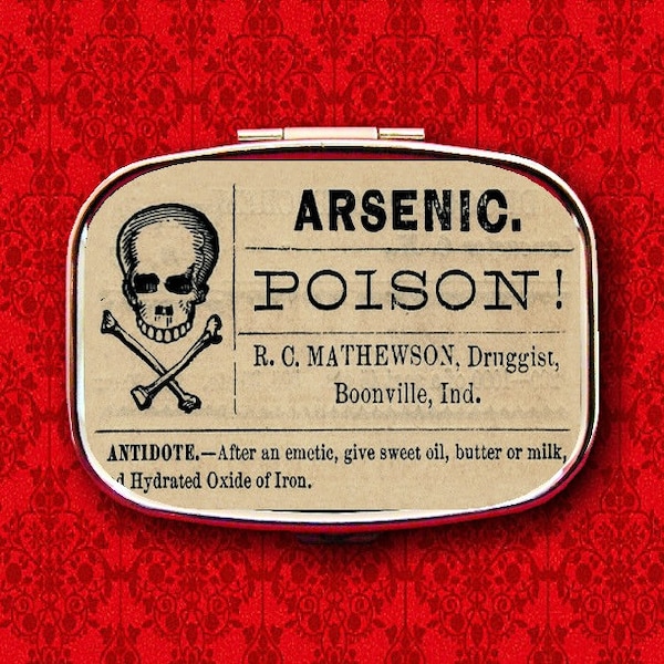 Arsenic Poison Skull Crossbones Vintage Label Ring Trinket Stash Medicine Vitamins Gum Tic Tacs Mint Metal Pill Box Case Holder