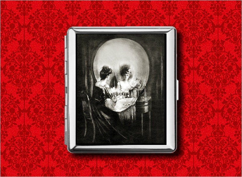 All Is Vanity Victorian Lady Skull Optical Illusion Metal Wallet Stash Card Cigarette ID IPod Case