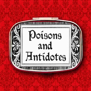 Poisons and Antidotes Vintage Label Ring Trinket Stash Medicine Vitamins Gum Tic Tacs Mint Metal Pill Box Case Holder