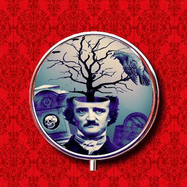 Edgar Allan Poe Horror Author The Raven Ring Trinket Stash Medicine Vitamins Gum Tic Tacs Round Mint Metal Pill Box Case Holder