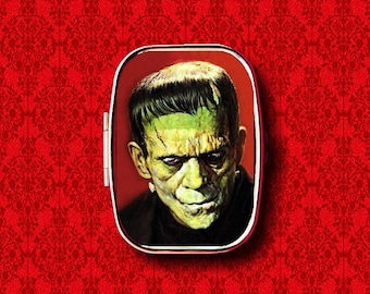 Frankenstein Classic Monster Horror Movie Ring Trinket Stash Medicine Vitamins Gum Tic Tacs Mint Metal Pill Box Case Holder