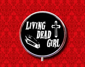 Living Dead Girl Coffin Cross Horror Goth Vampire Ring Trinket Stash Medicine Vitamins Gum Tic Tacs Round Mint Metal Pill Box Case Holder