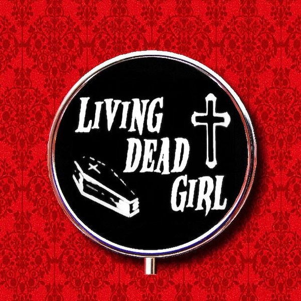 Living Dead Girl Coffin Cross Horror Goth Vampire Ring Trinket Stash Medicine Vitamins Gum Tic Tacs Round Mint Metal Pill Box Case Holder