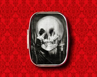 All Is Vanity Victorian Lady Skull Optical Illusion Ring Trinket Stash Medicine Vitamins Gum Tic Tacs Mint Metal Pill Box Case Holder