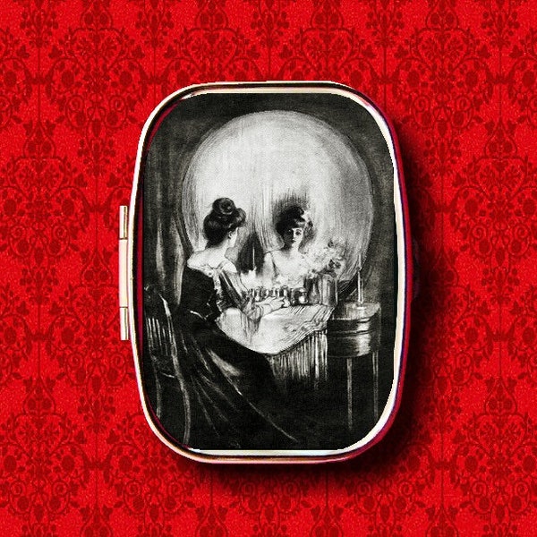 All Is Vanity Victorian Lady Skull Optical Illusion Ring Trinket Stash Medicine Vitamins Gum Tic Tacs Mint Metal Pill Box Case Holder