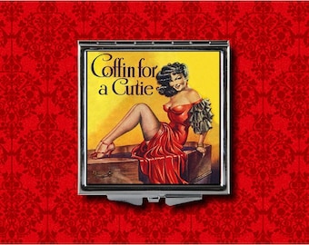 Coffin For A Cutie Pin Up Girl Pulp Fiction Cover Metal Makeup Hand Pocket Compact Mirror