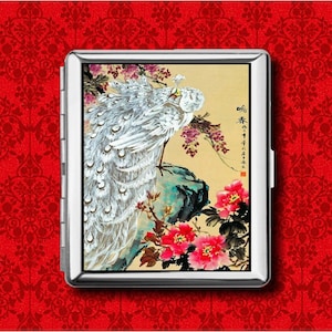 Carteira de metal vintage em bloco de madeira de pássaro pavão branco japonês, estojo para cartão de crédito, cigarro, identidade, porta-ipod
