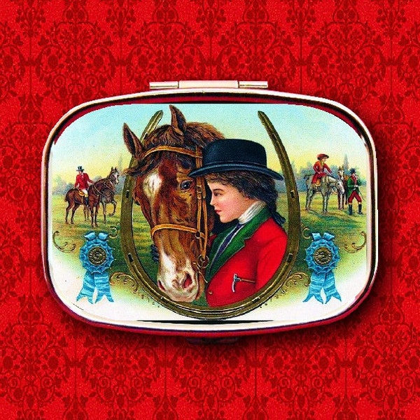 Horse Equestrian Woman Racing Jockey Horseshoe Vintage Cigar Label Ring Trinket Stash Medicine Vitamins Gum Mint Metal Pill Box Case Holder